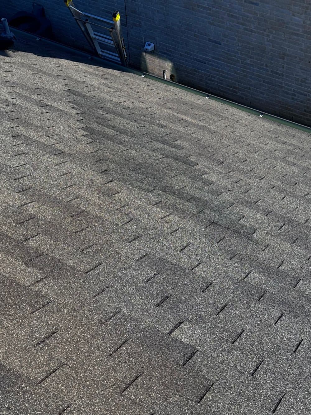 asphalt shingle roof with textured pattern and ladder against a brick wall in the background